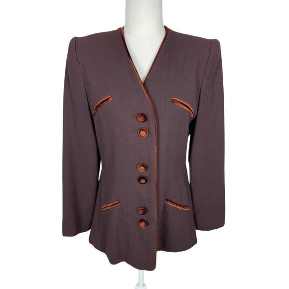 Vintage Carolina Herrera Studio Wool Velvet Trim Button Front Blazer Brown Sz 8 - Picture 1 of 16